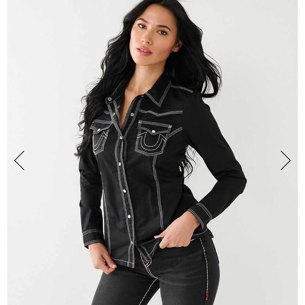 True Religion Black Button-Down Shirt with Contrast Stitching